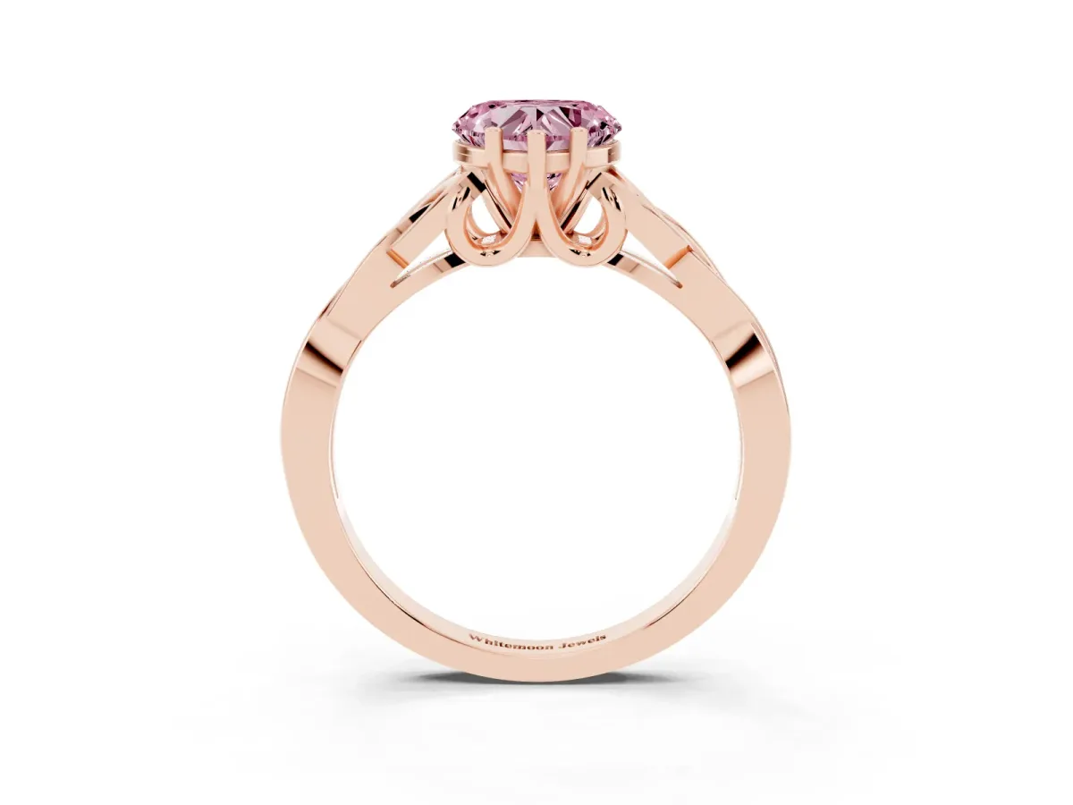 Fancy Pink Heart Cut Diamond Solitaire Engagement Ring with Celtic Knot Band and Four-Prong Setting Rose gold