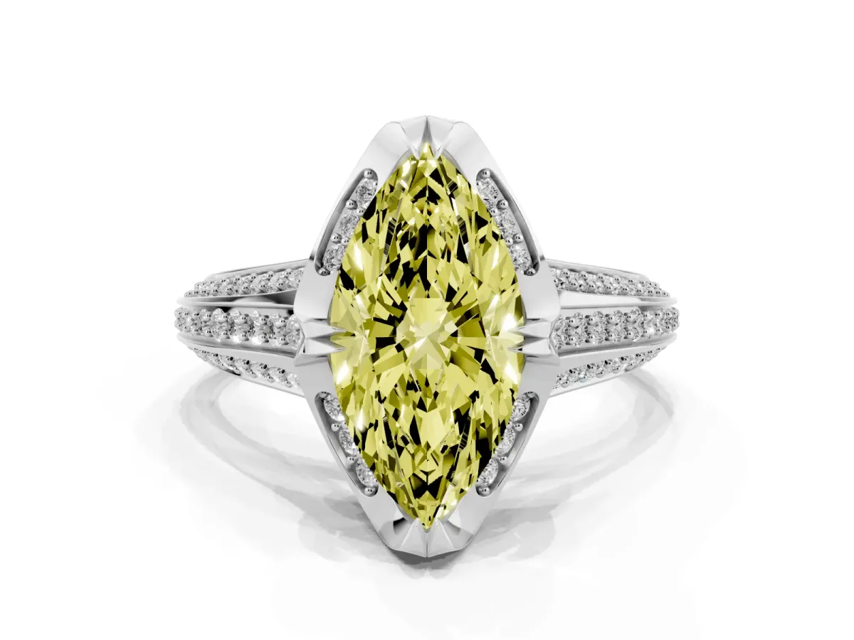 Fancy Yellow Marquise Cut Solitaire Pave Split Shank Ring with Four-Prong Setting Silver