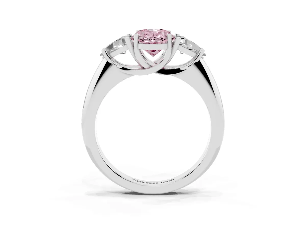 Fancy Pink Three-Stone Oval Cut Diamond Engagement Ring with Trillion Side Stones and Prong Setting Silver