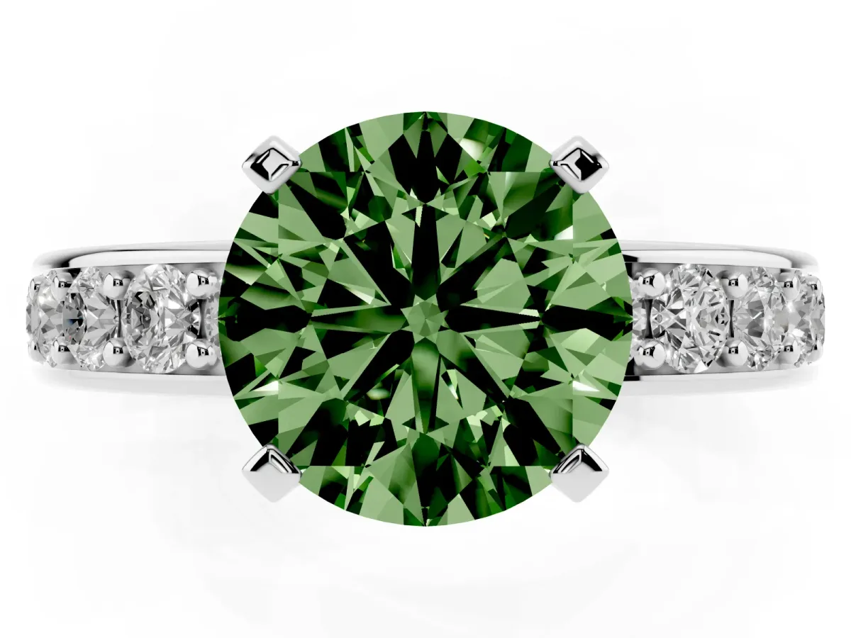 Fancy Green Round Cut Diamond Engagement Ring with Channel Set Round Band and Prong Setting Silver