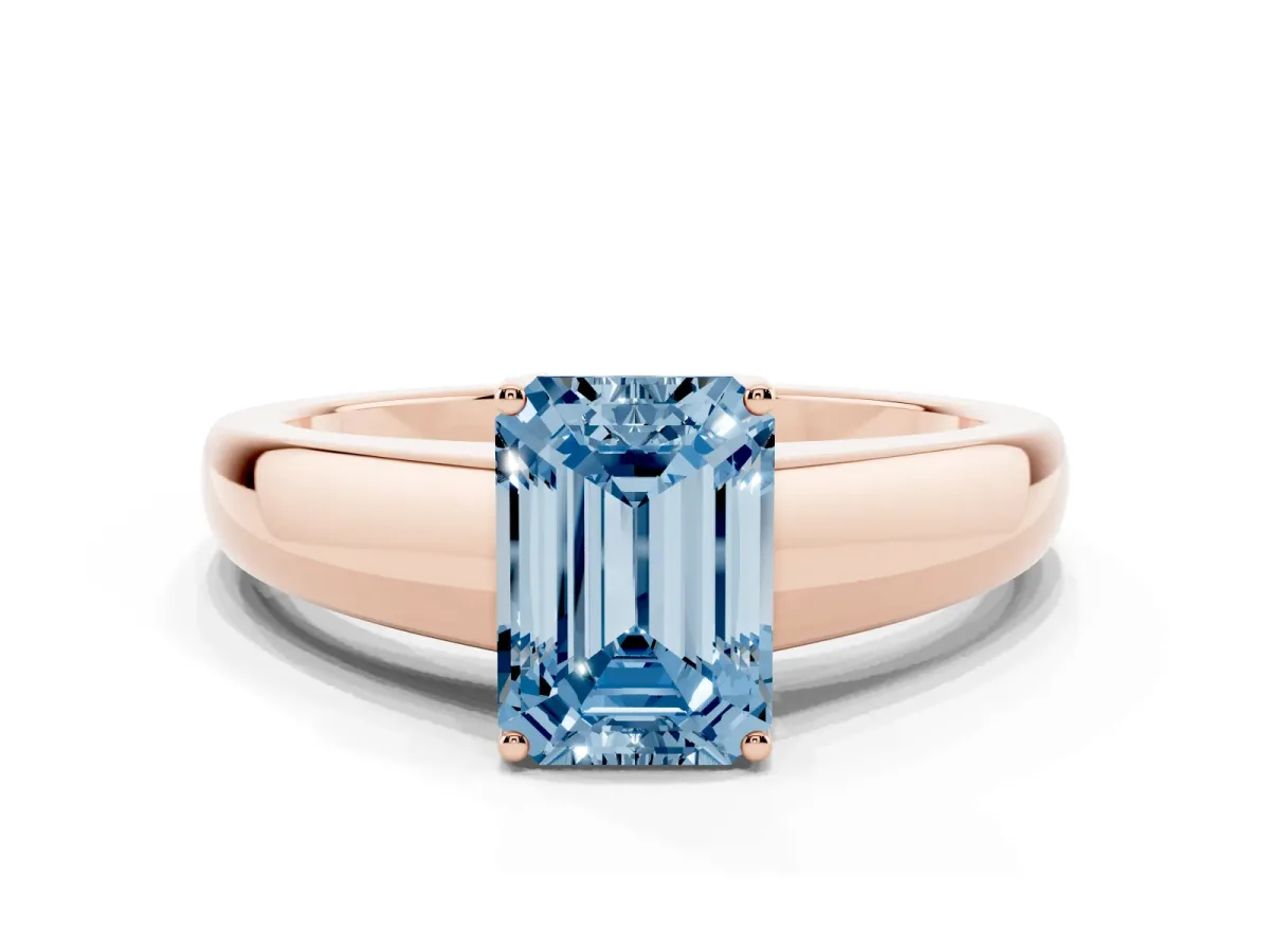 Fancy Blue Emerald Cut Solitaire Diamond Ring with Tapered Band and Four-Prong Setting Rose gold