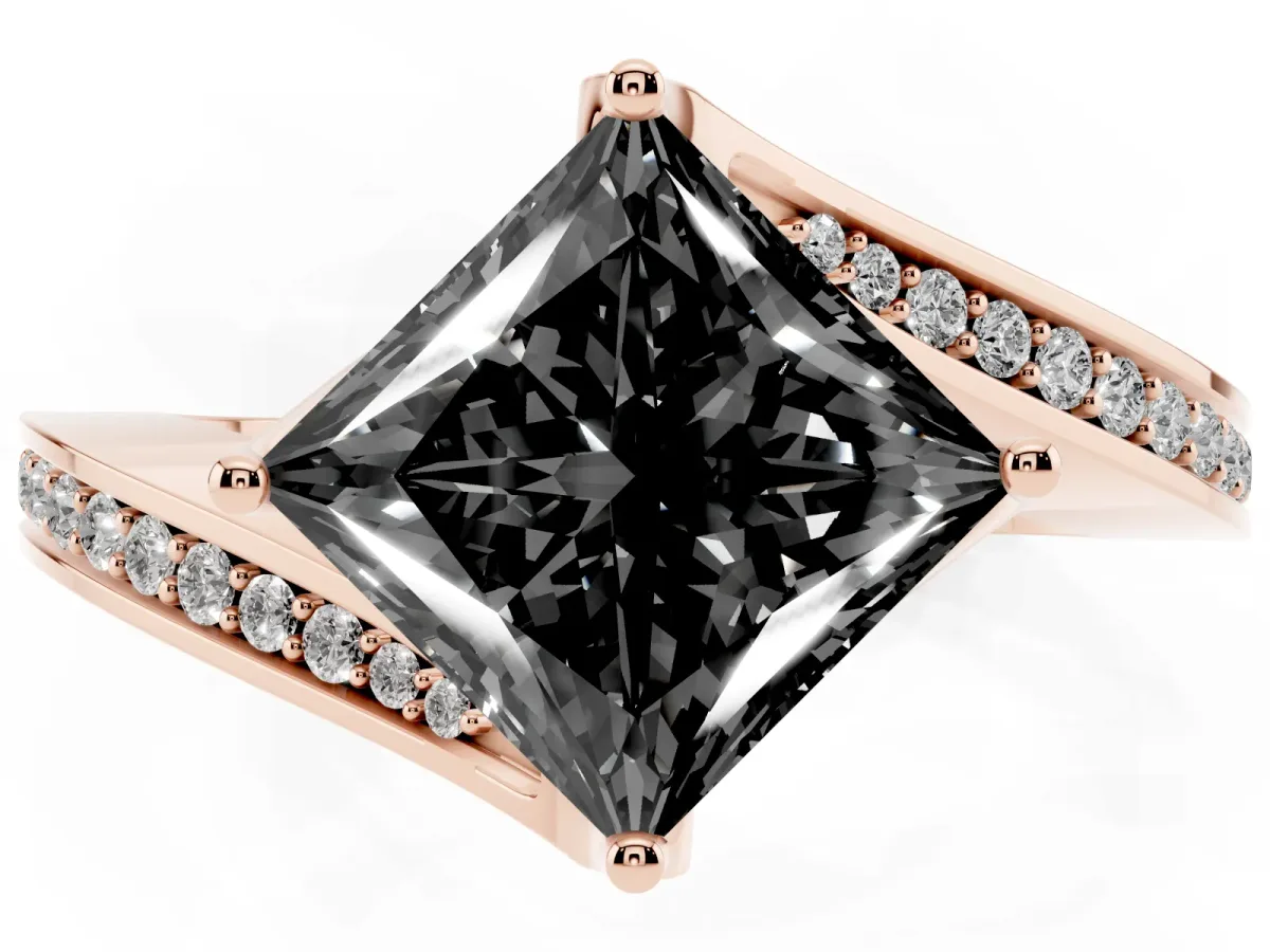 Fancy Black Princess Cut Solitaire Diamond Twist Band with Pavé Setting and Four-Prong Setting Rose gold