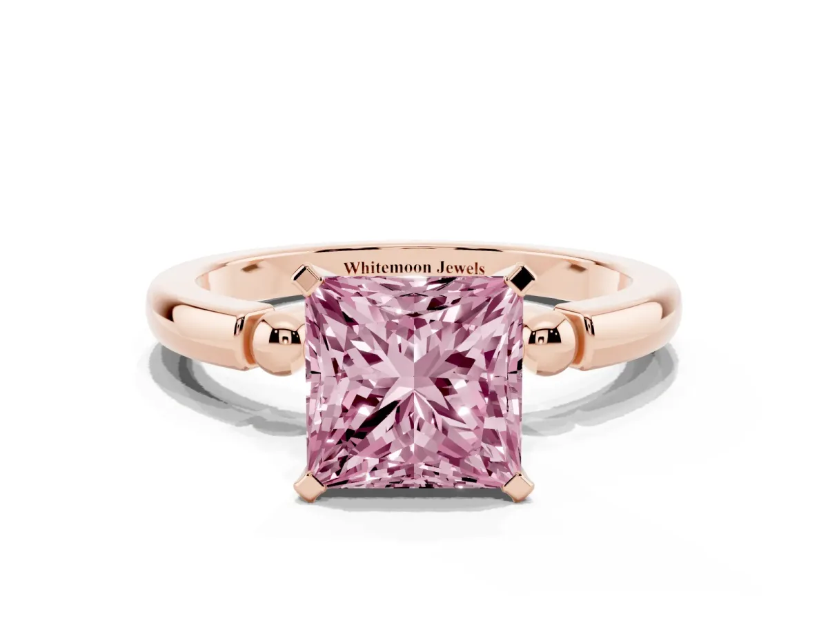 Fancy Pink Princess Cut Solitaire Beaded Band with Four-Prong Setting Rose gold