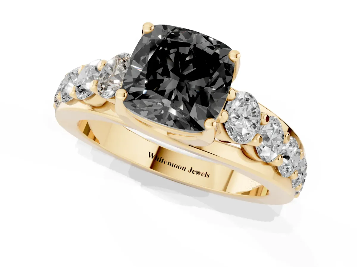 Fancy Black Cushion Cut Diamond Engagement Ring with Pavé Band and Four-Prong Setting Yellow gold