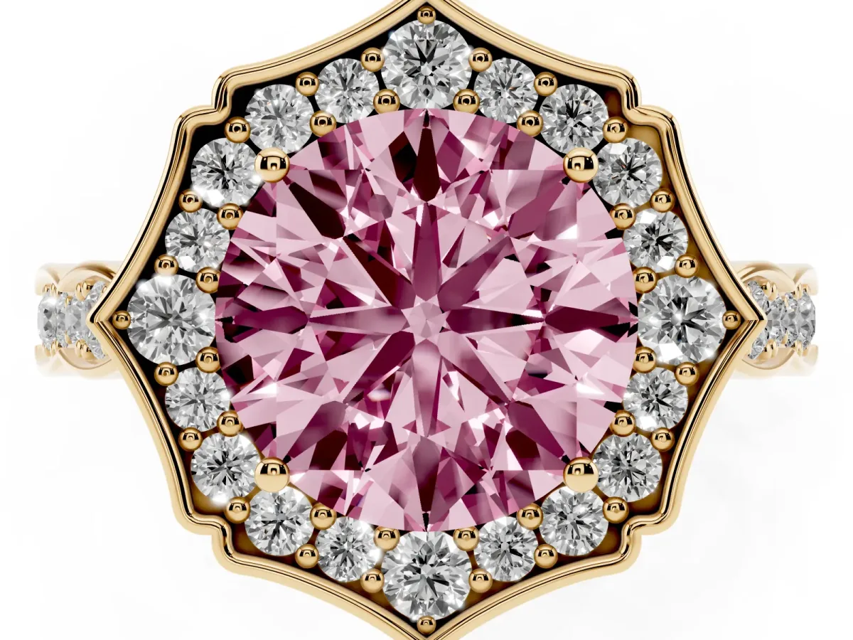 Fancy Pink Round Cut Halo Diamond Engagement Ring with Milgrain Band and Four-Prong Setting Yellow gold
