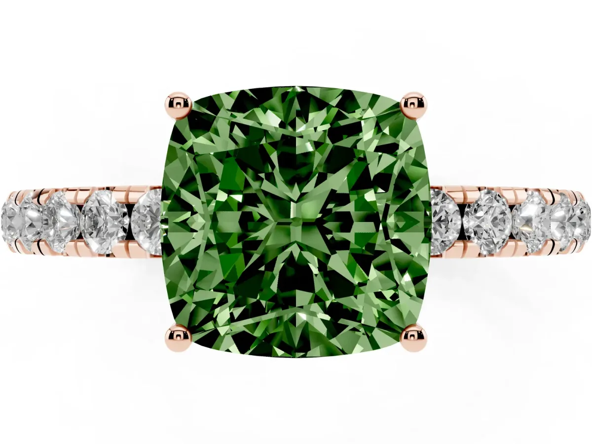 Fancy Green Cushion Cut Diamond Pavé Solitaire Engagement Ring with Four-Prong Setting Rose gold