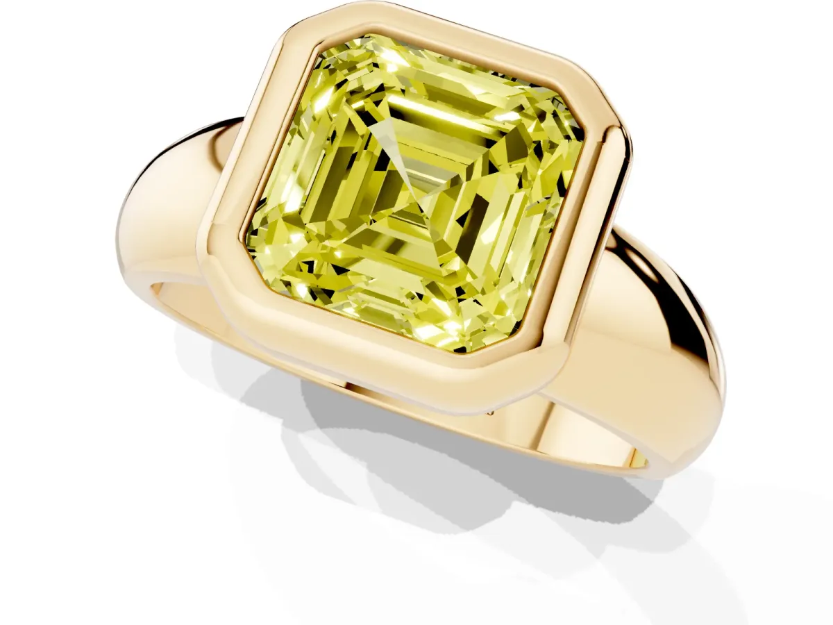 Fancy Yellow Bezel Set Asscher Cut Solitaire Ring with Wide Band Yellow gold