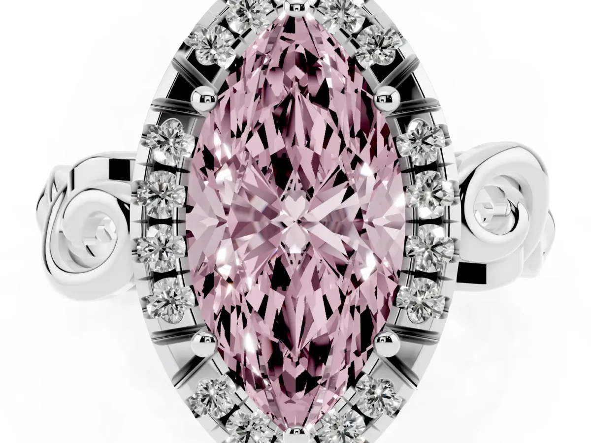 Fancy Pink Marquise Cut Cut Halo Diamond Ring with Scrollwork Band and Four-Prong Setting Silver