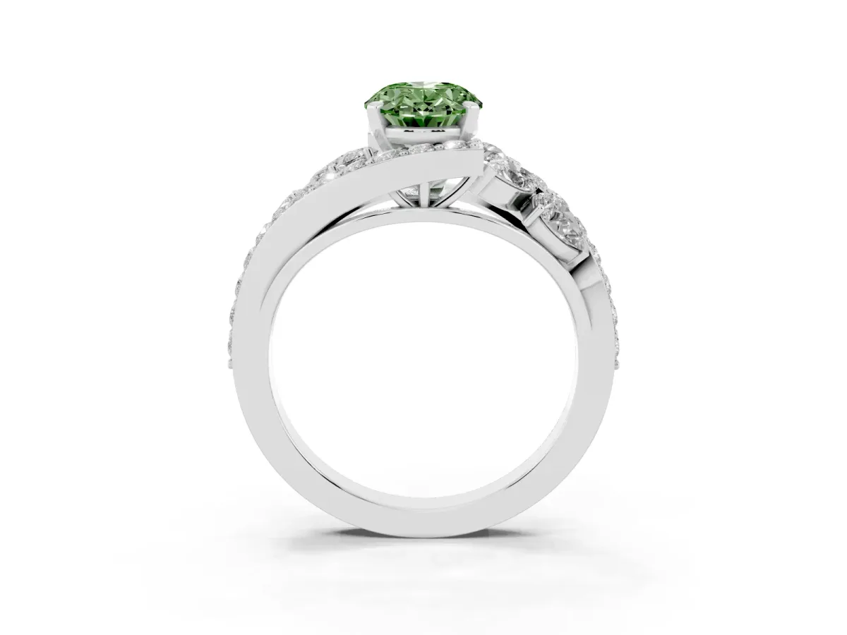Fancy Green Oval Cut Diamond Halo Ring with Marquise and Pavé Band in Prong Setting Silver