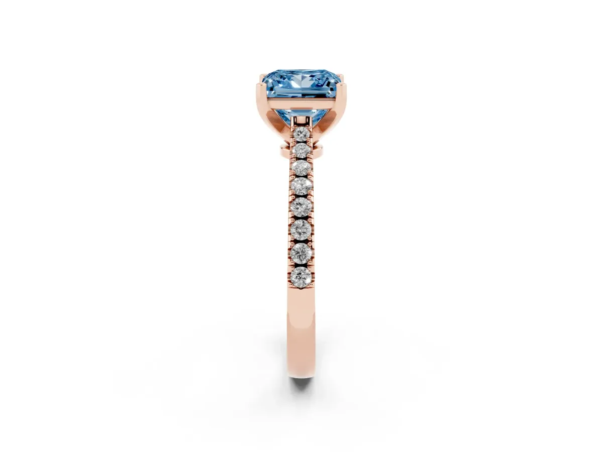 Fancy Blue Princess Cut Cut Solitaire Diamond Engagement Ring with Pave Band and Four-Prong Setting Rose gold