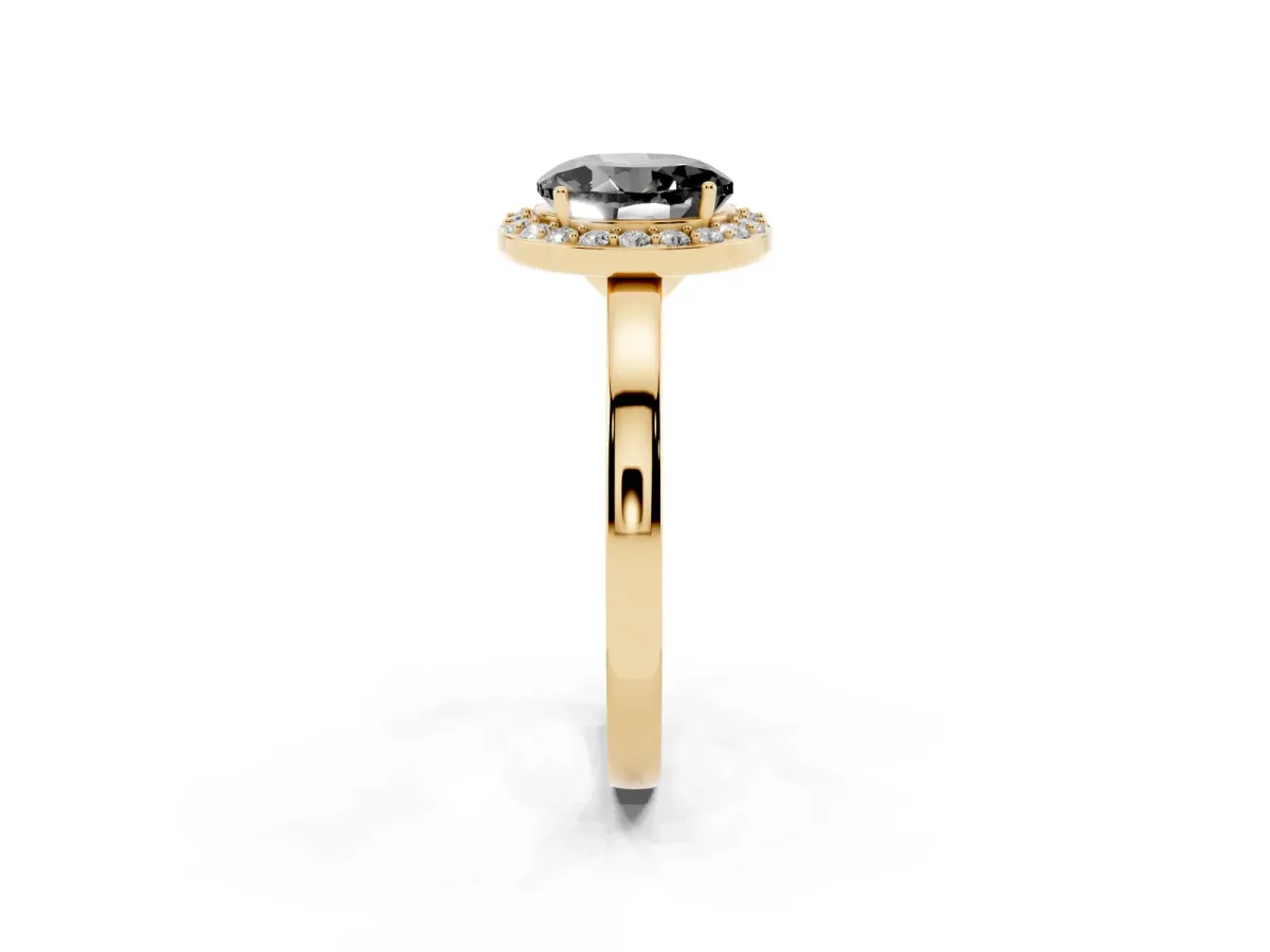 Fancy Black Round Cut Halo Diamond Ring with Solitaire Band and Prong Setting Yellow gold