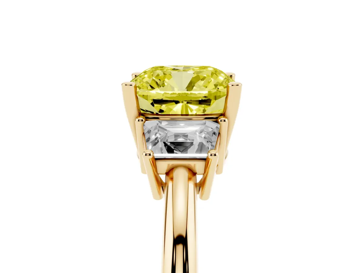 Fancy Yellow Cushion Cut Diamond Three-Stone Ring with Trapezoid Side Stones and Prong Setting Yellow gold