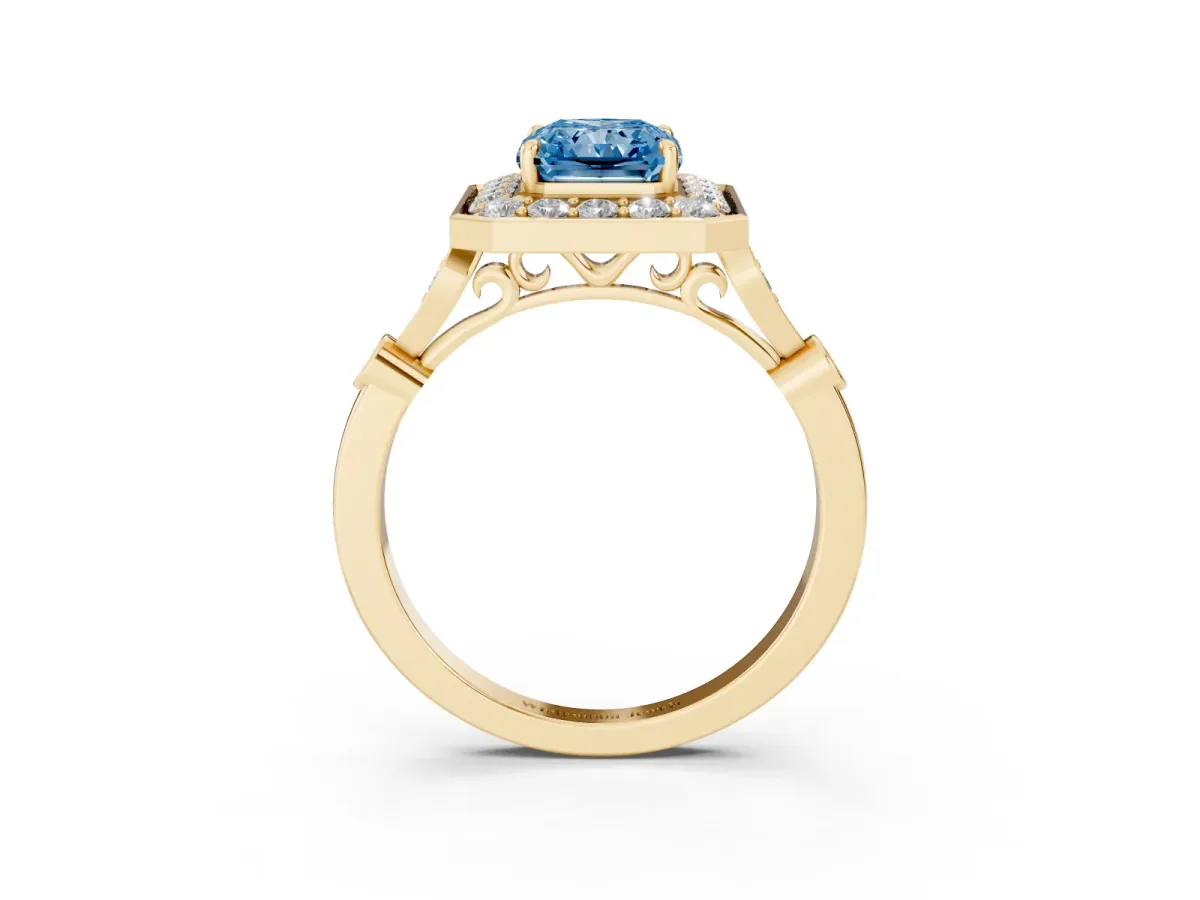 Fancy Blue Radiant Cut Halo Diamond Engagement Ring with Twisted Band and Four-Prong Setting Yellow gold