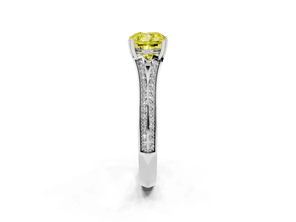 Fancy Yellow Cushion Cut Diamond Split Shank Engagement Ring with Pavé Band Silver