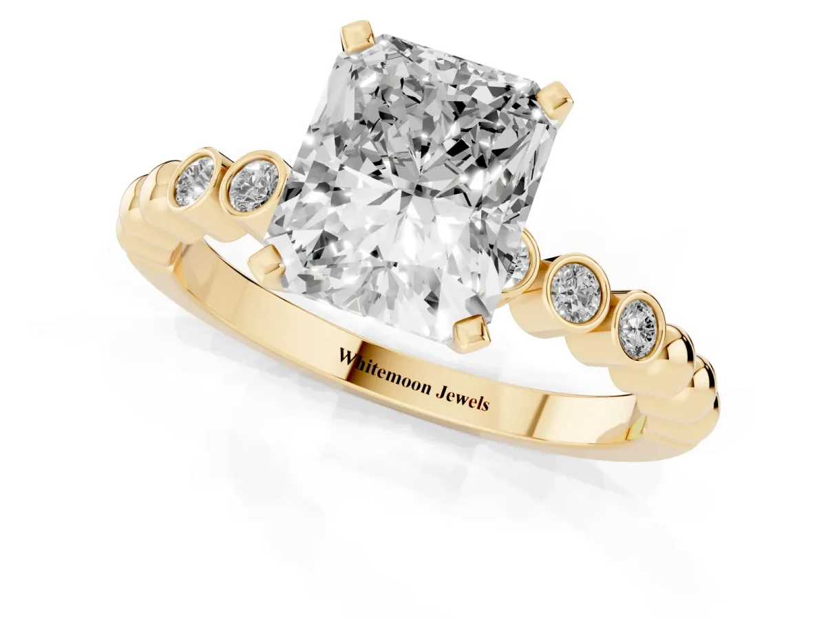 Radiant Cut Solitaire Bezel Accent Diamond Engagement Ring with Beaded Band and Four-Prong Setting Yellow gold