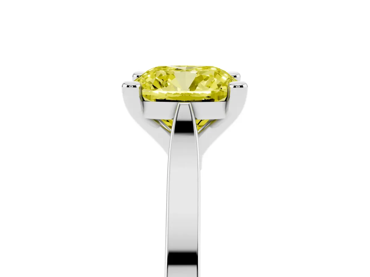 Fancy Yellow Cushion Cut Solitaire Diamond Ring with Four-Prong Setting and Tapered Band Silver