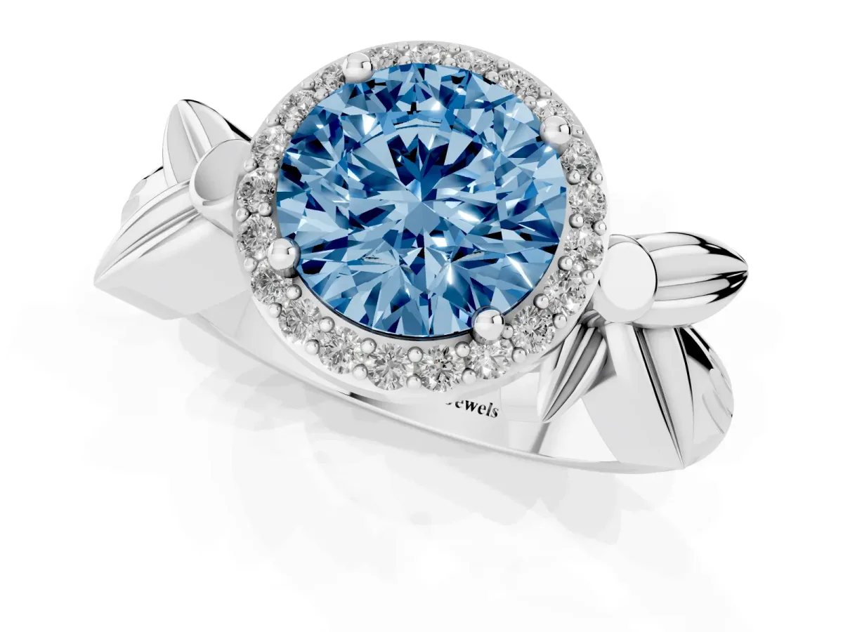 Fancy Blue Round Cut Halo Diamond Floral Band with Four-Prong Setting Platinum