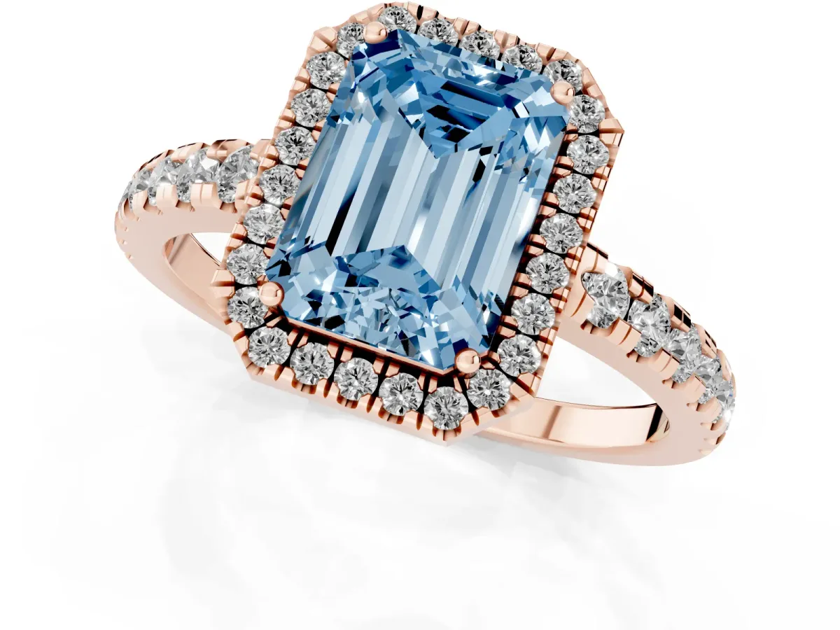 Fancy Blue Emerald Cut Diamond Halo Ring with Pavé Band and Four-Prong Setting Rose gold