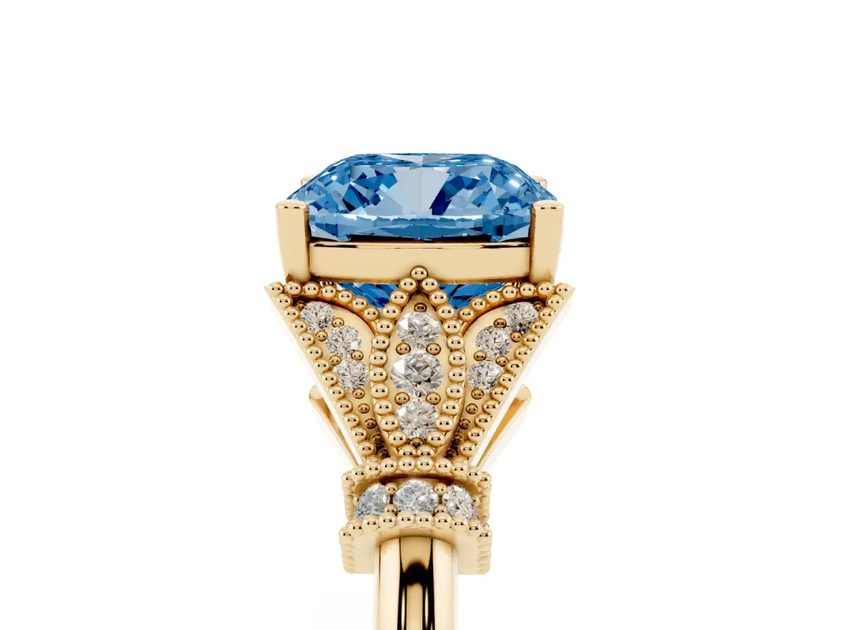Fancy Blue Cushion Cut Diamond Solitaire Ring with Floral Filigree and Pave Accents Yellow gold