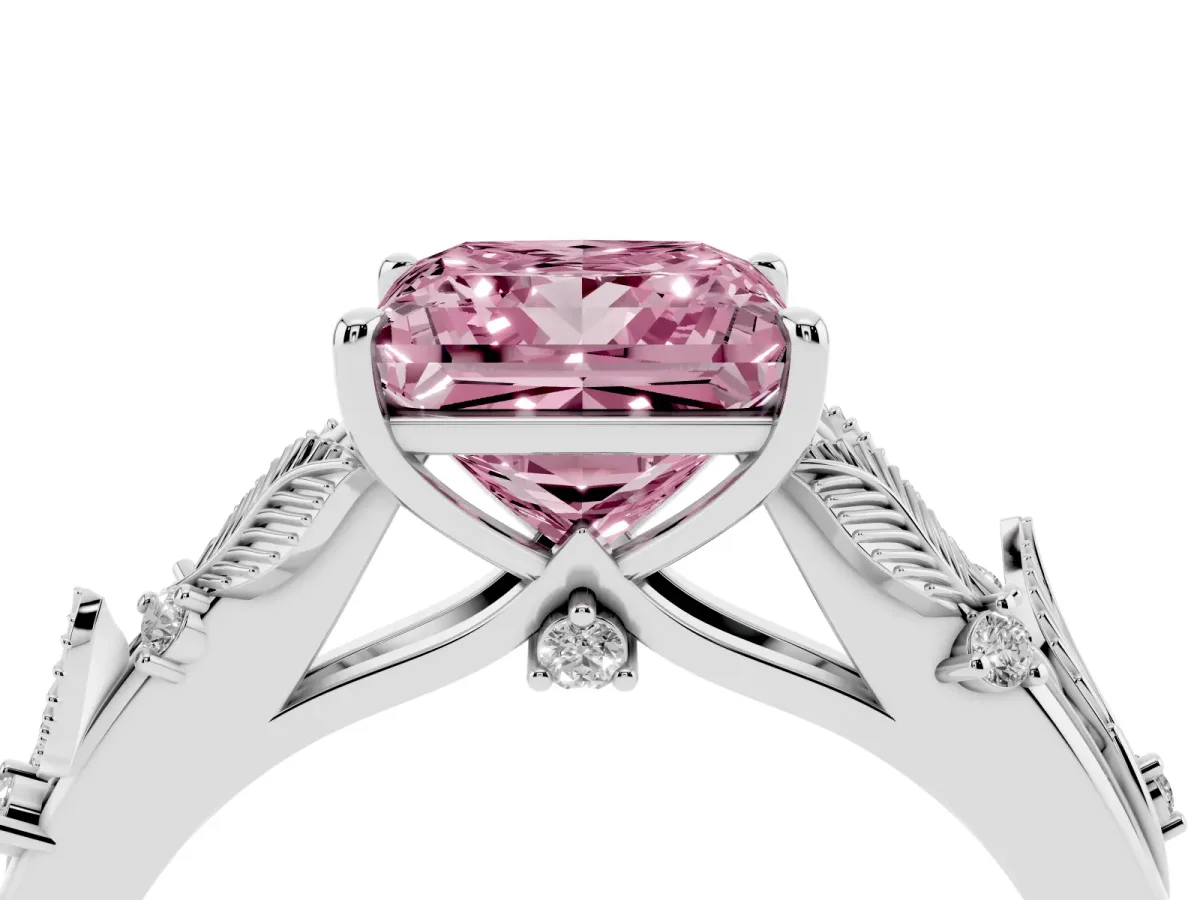 Fancy Pink Princess Cut Diamond Solitaire Ring with Leaf Motif Band and Four-Prong Setting Platinum