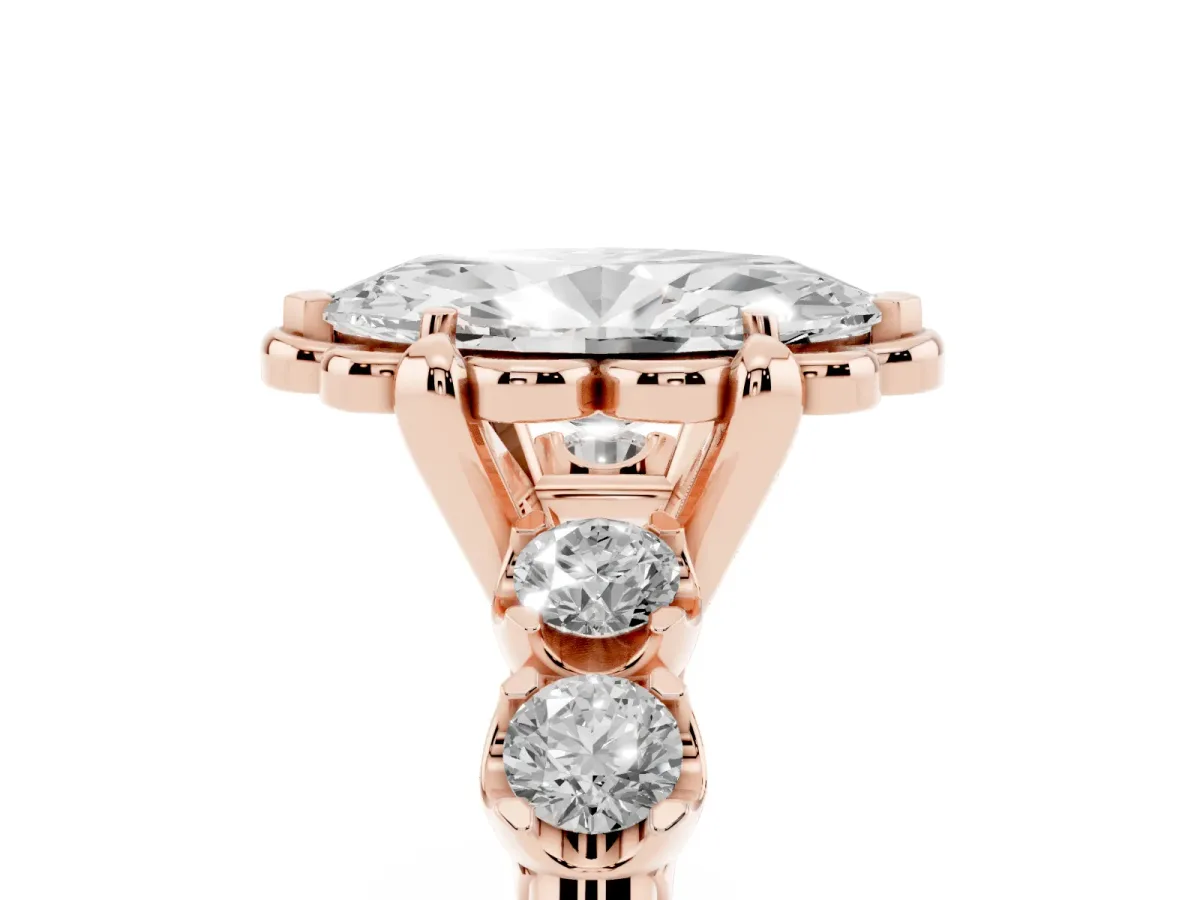 Marquise Cut Cut Diamond Floral Halo Engagement Ring with Shared Prong Setting Rose gold