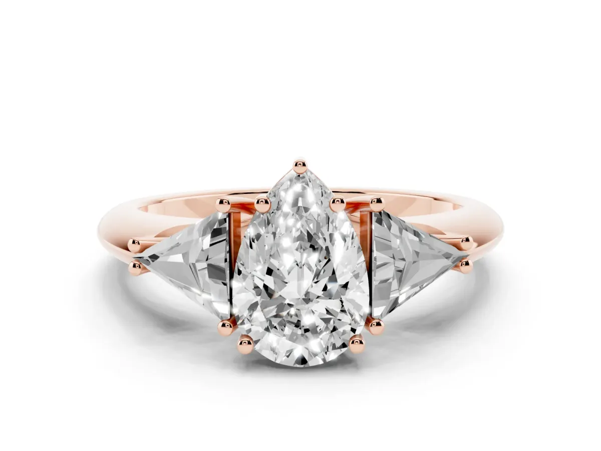 Three-Stone Pear Cut Diamond Engagement Ring with Trillion Side Stones and Prong Setting Rose gold