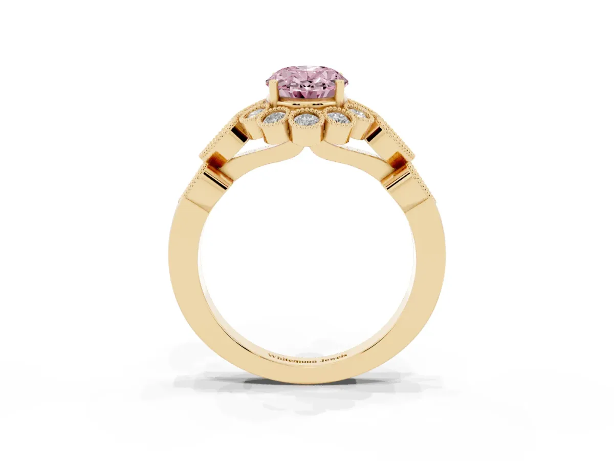 Fancy Pink Oval Cut Brilliant Milgrain Pave Heart Band Solitaire Ring Yellow gold