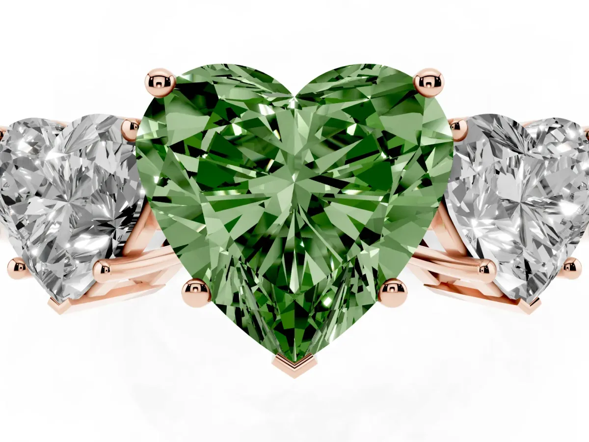 Fancy Green Three-Stone Heart Cut Cut Diamond Engagement Ring with Flat Band and Four-Prong Setting Rose gold