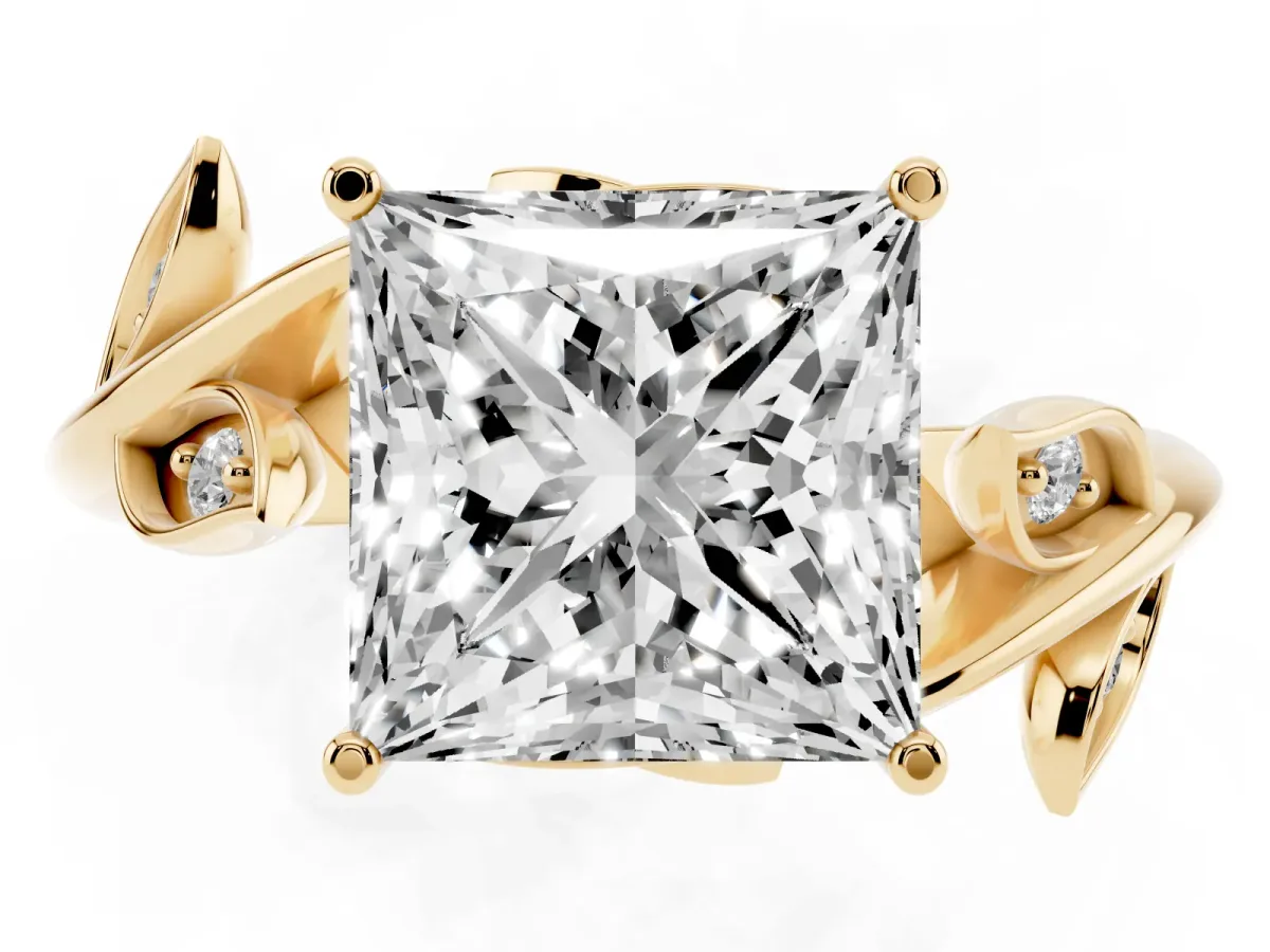 Princess Cut Solitaire Twist Engagement Ring with Leaf Accents and Prong Setting Yellow gold