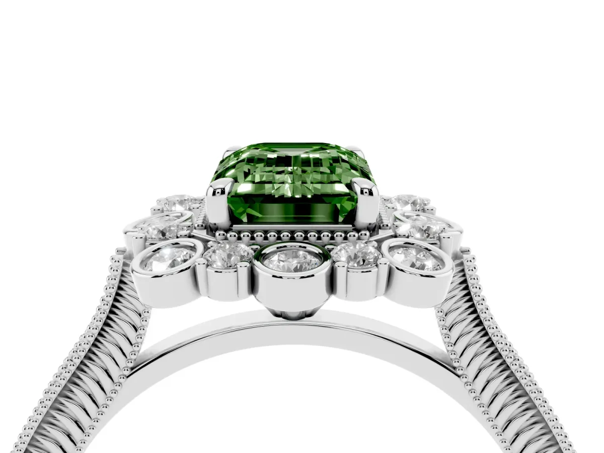 Fancy Green Emerald Cut Halo Milgrain Pave Diamond Ring with Four-Prong Setting Silver