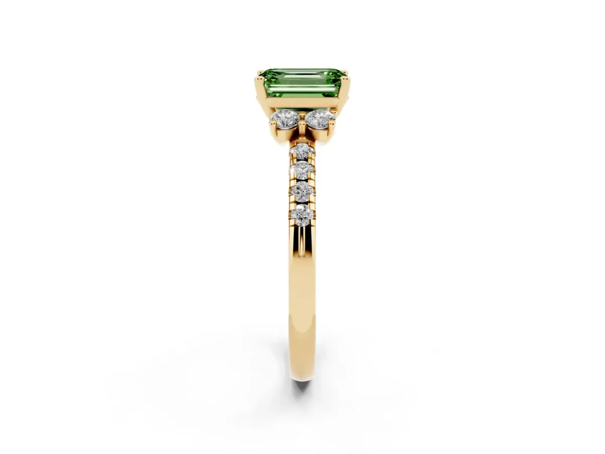 Fancy Green Emerald Cut Diamond Three-Stone Pave Band with Four-Prong Setting Yellow gold