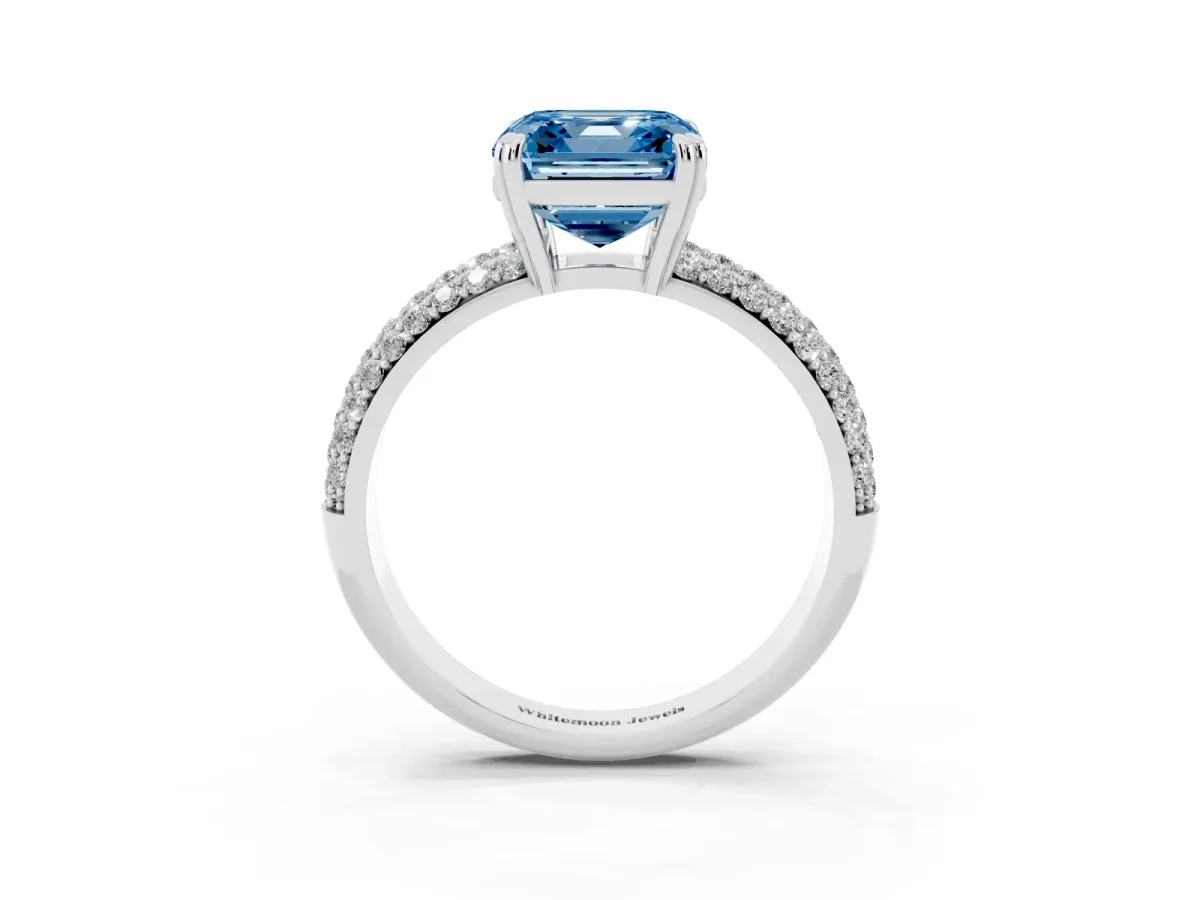 Fancy Blue Asscher Cut Diamond Solitaire Ring with Multi-Row Round Pavé Band and Prong Setting Silver