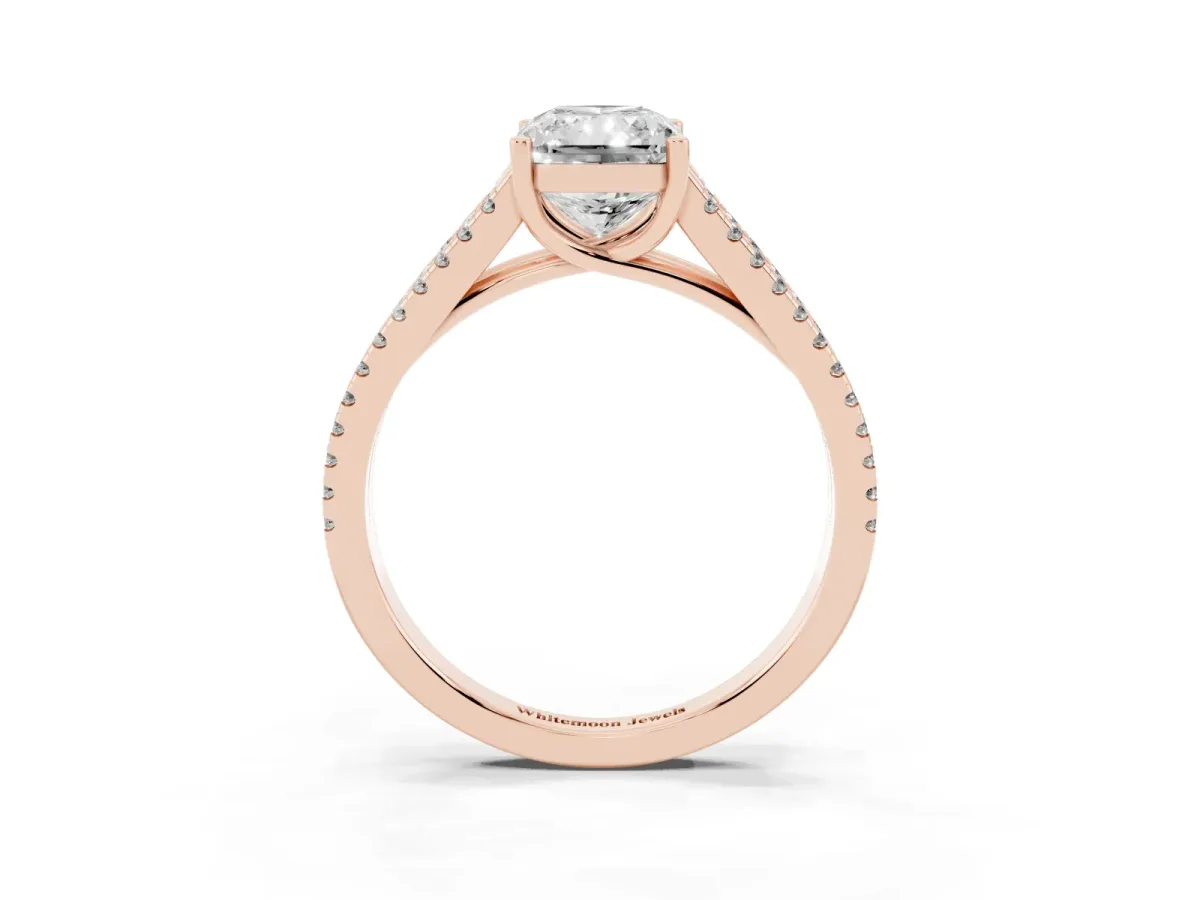 Radiant Cut Diamond Solitaire Engagement Ring with Split Shank Pavé Band Rose gold