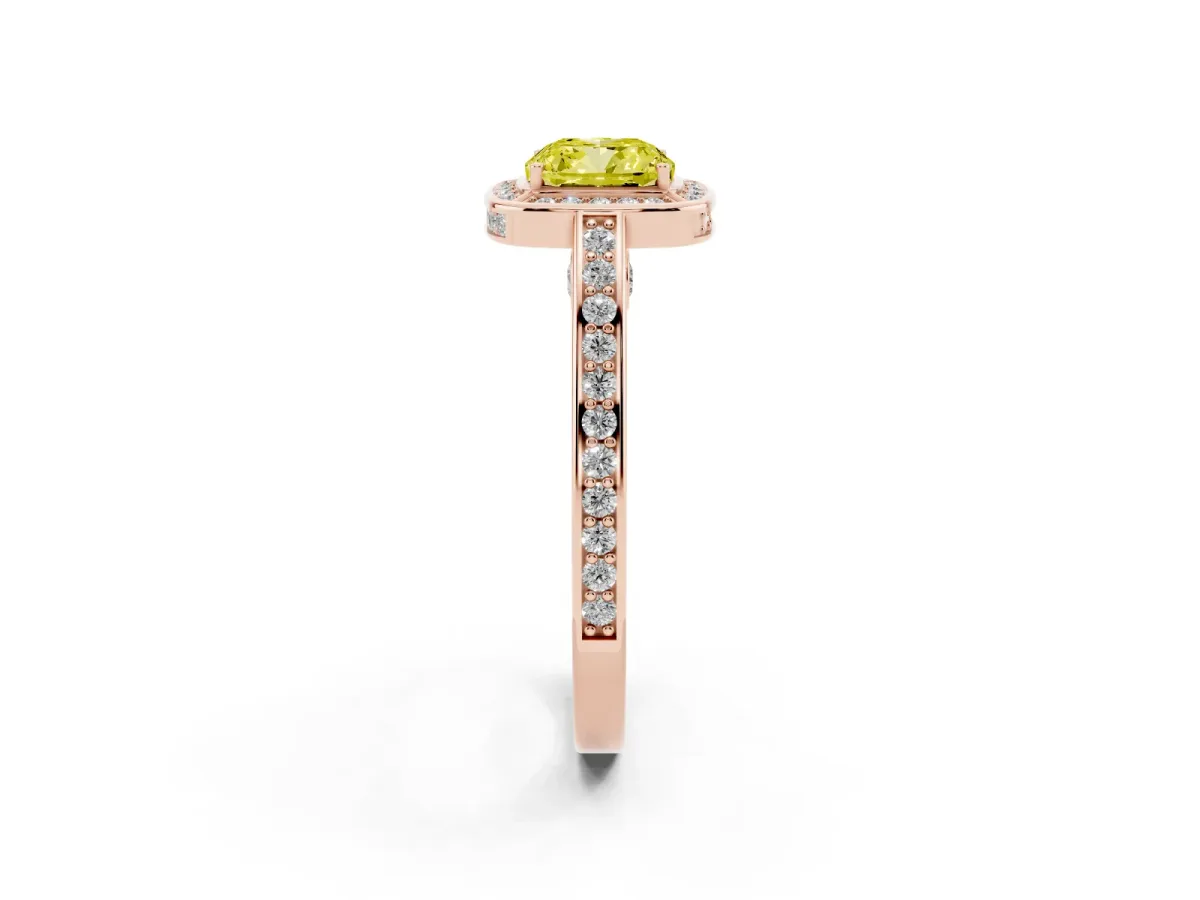 Fancy Yellow Cushion Cut Cut Halo Pave Split Shank Prong Setting Ring Rose gold