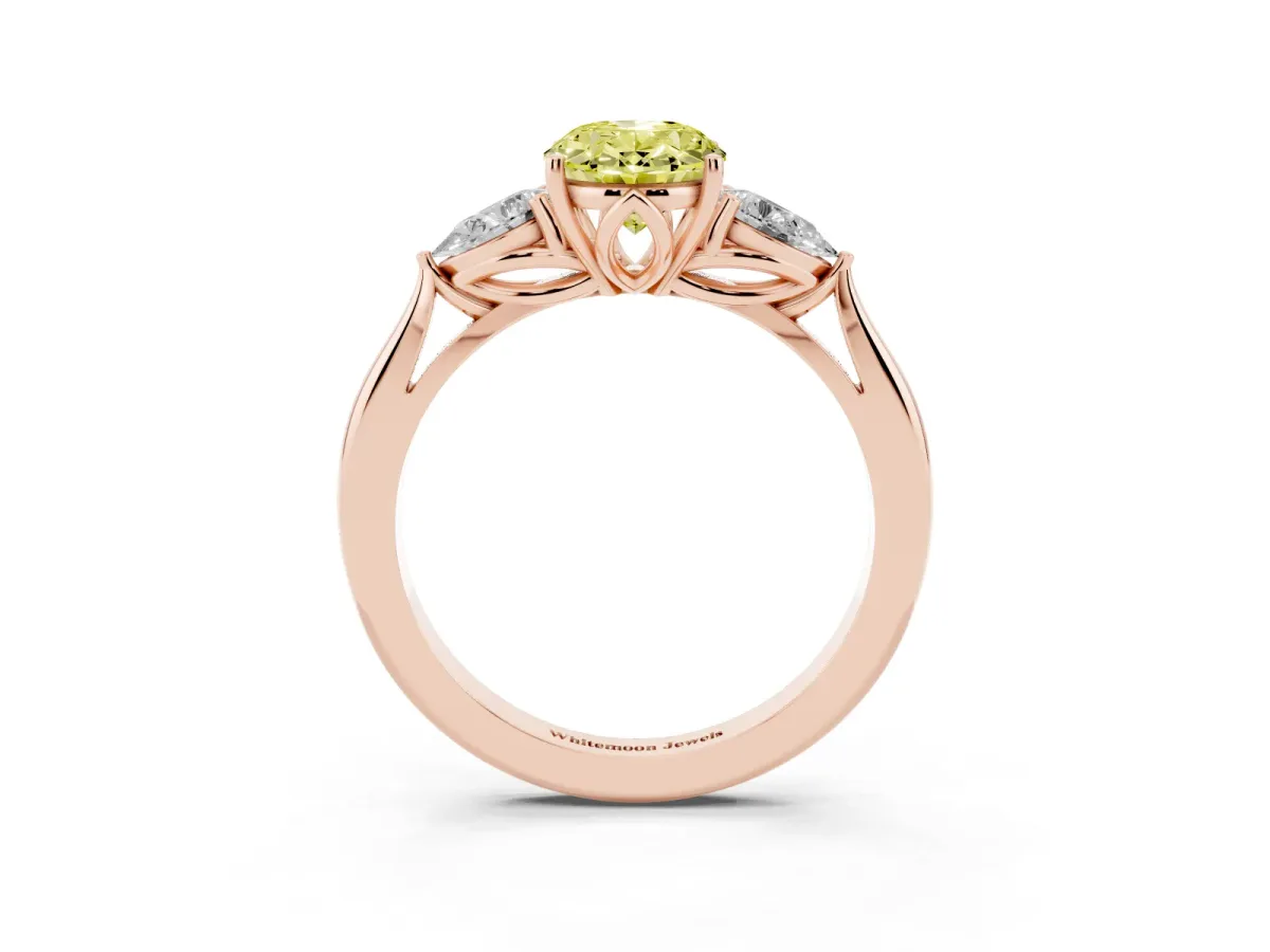 Fancy Yellow Three-Stone Oval Cut Brilliant Diamond Solitaire Ring with Tapered Band and Four-Prong Setting Rose gold