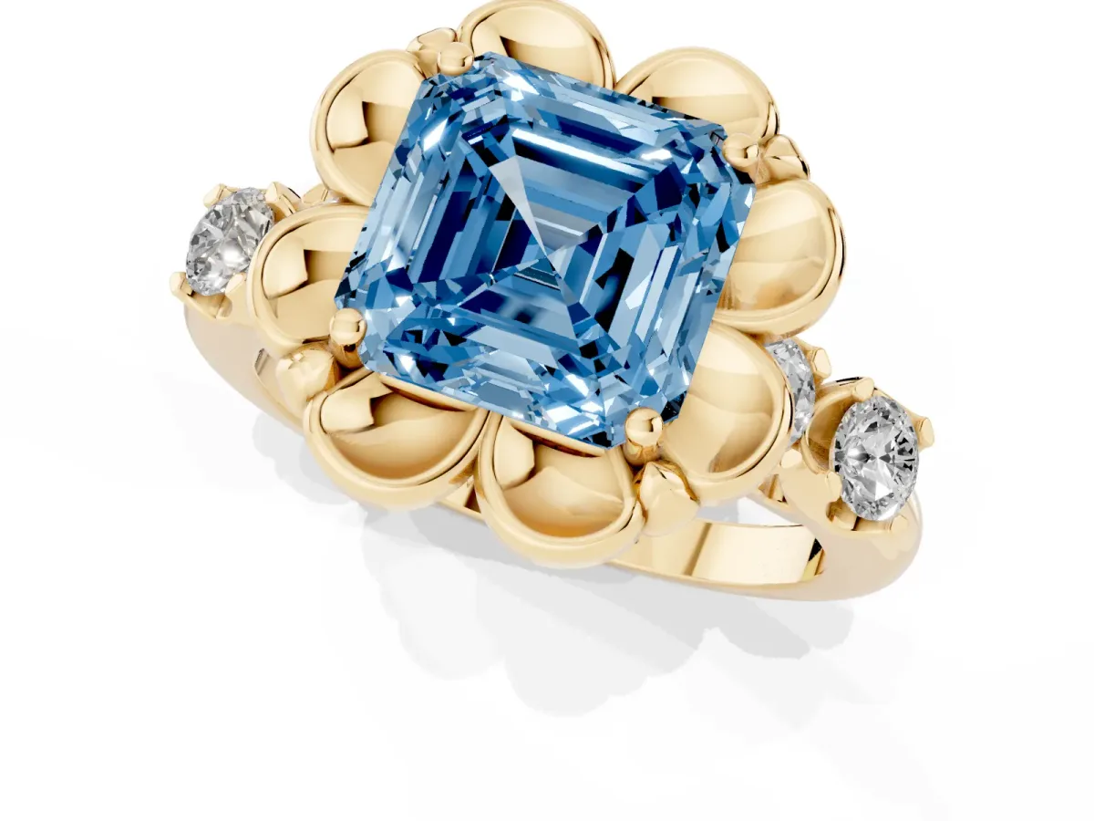 Fancy Blue Asscher Cut Cut Diamond Floral Halo Engagement Ring with Shared Prong Setting Yellow gold