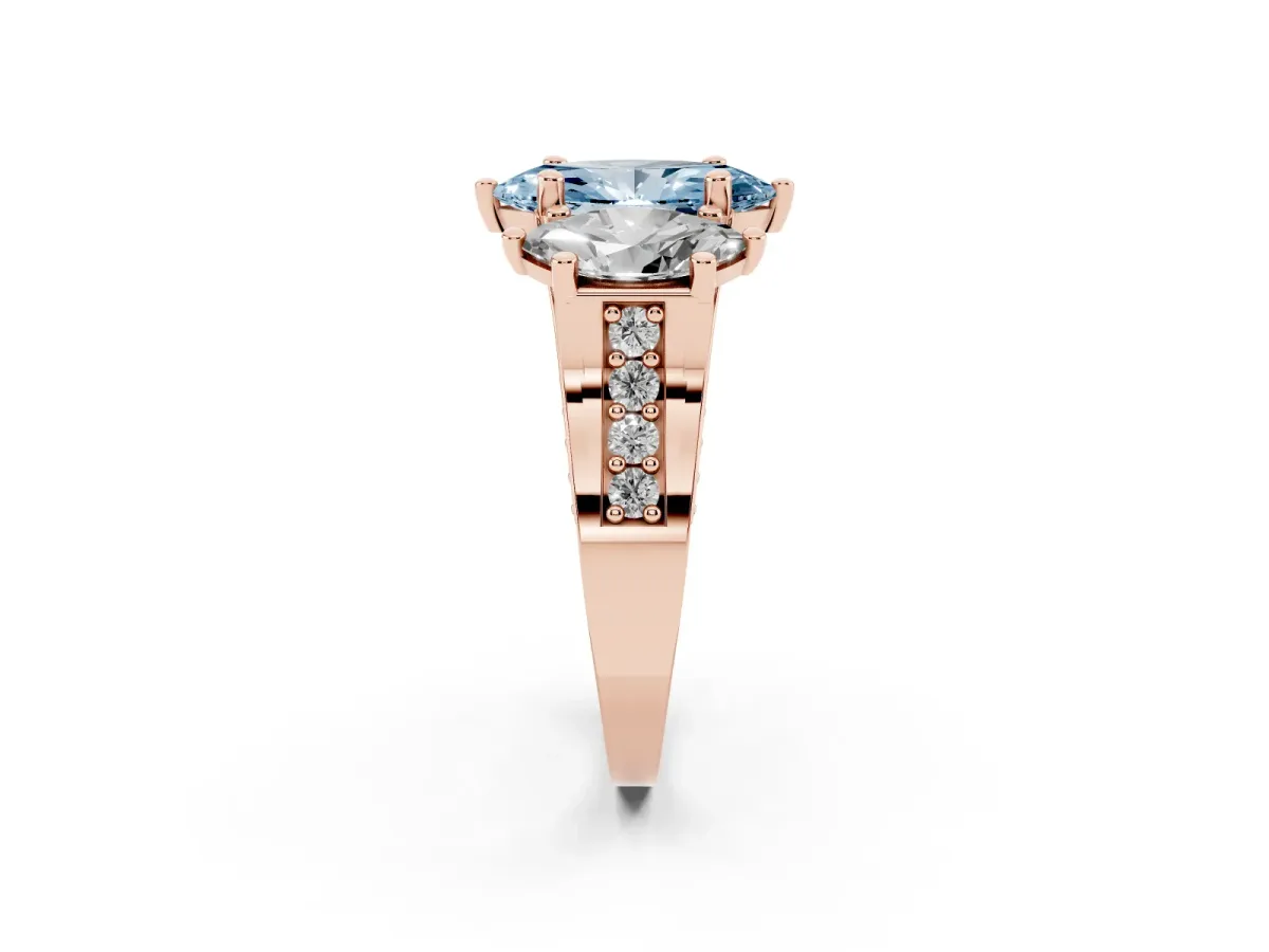 Fancy Blue Marquise Cut Diamond Three-Stone Ring with Channel Set Band and Four-Prong Setting Rose gold