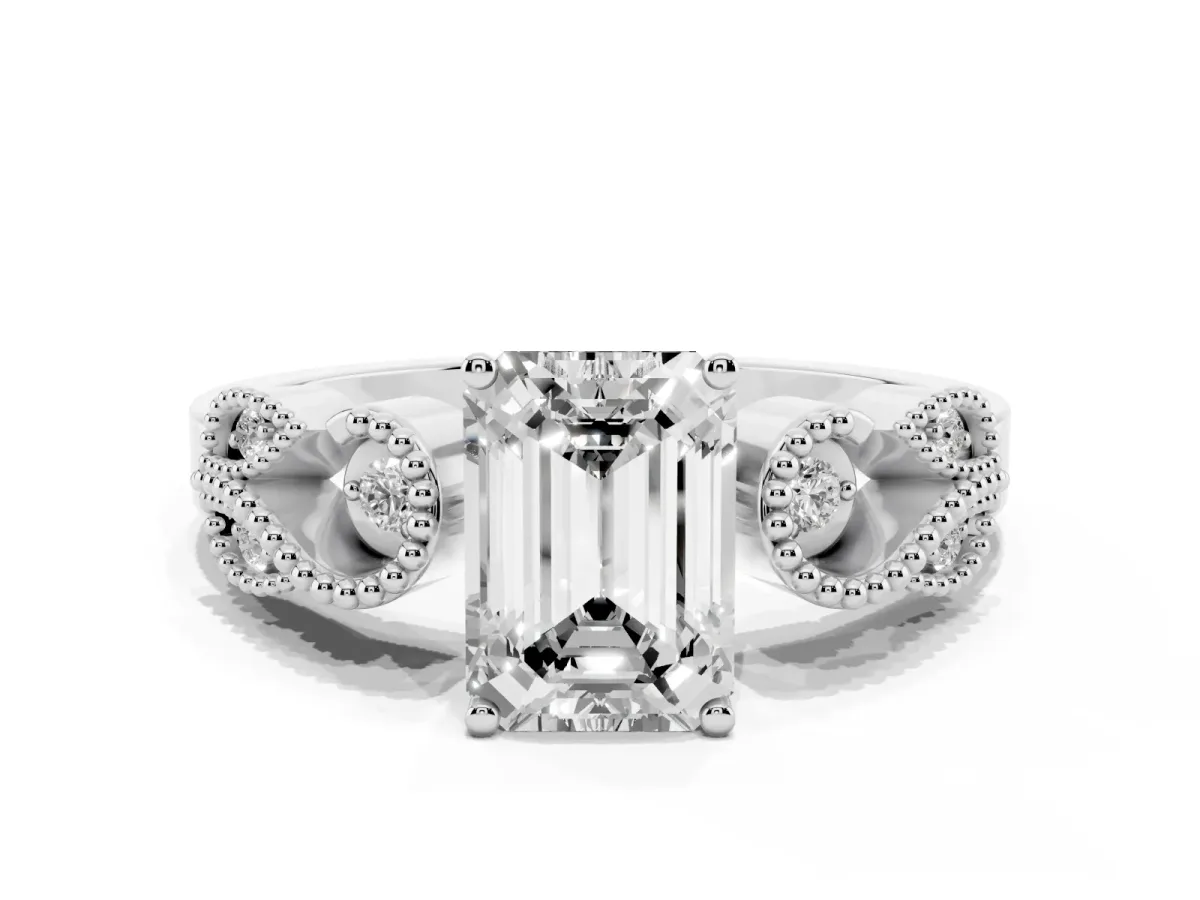 Emerald Cut Solitaire Milgrain Leaf Band with Prong Setting Silver