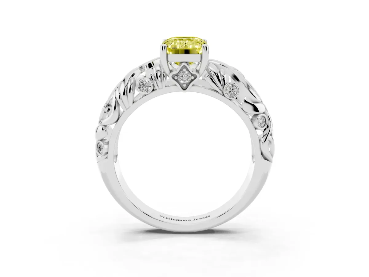 Fancy Yellow Emerald Cut Solitaire Diamond Leaf-Inspired Vine Band Ring with Prong Setting White gold