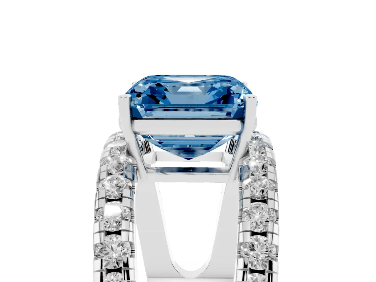 Fancy Blue Asscher Cut Solitaire Split Shank Pave Diamond Ring Platinum