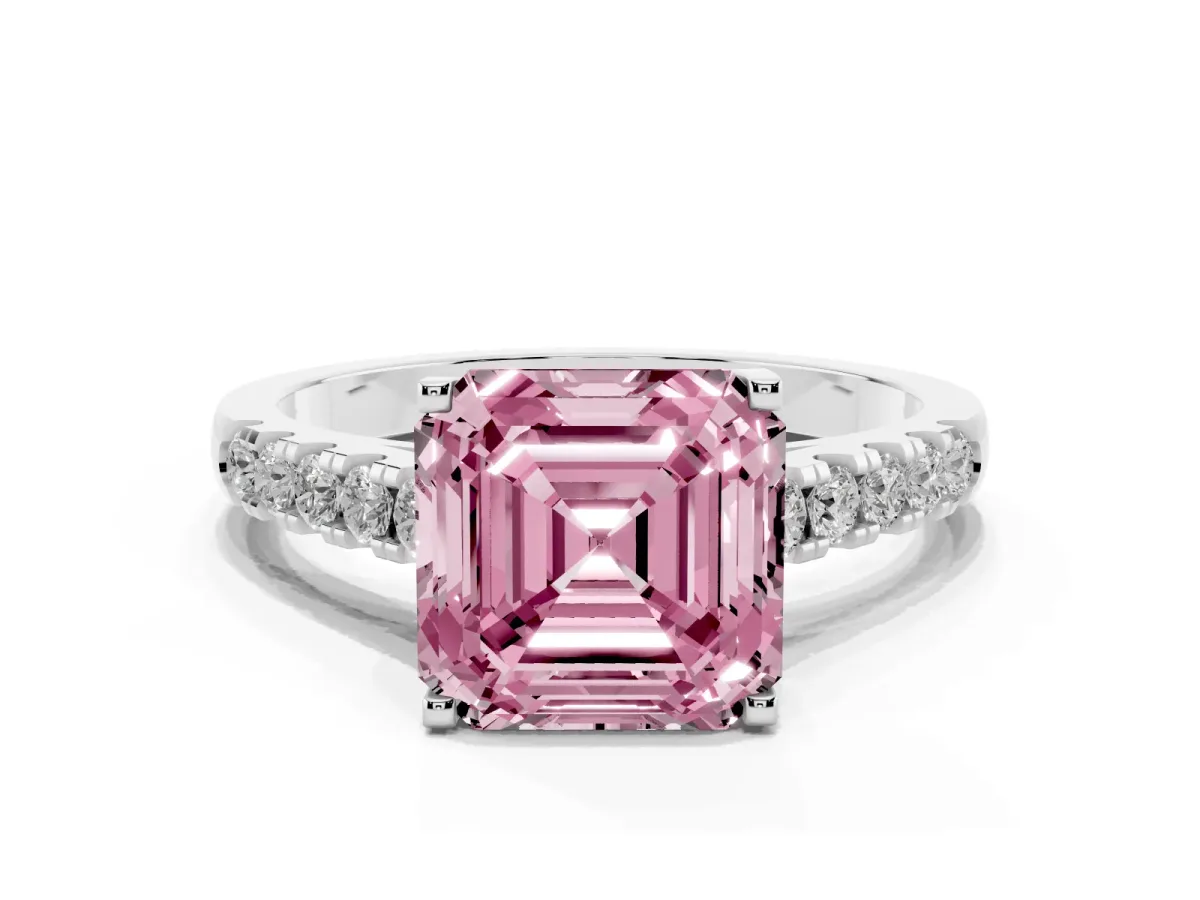 Fancy Pink Asscher Cut Diamond Pavé Band Solitaire Ring with Prong Setting Platinum