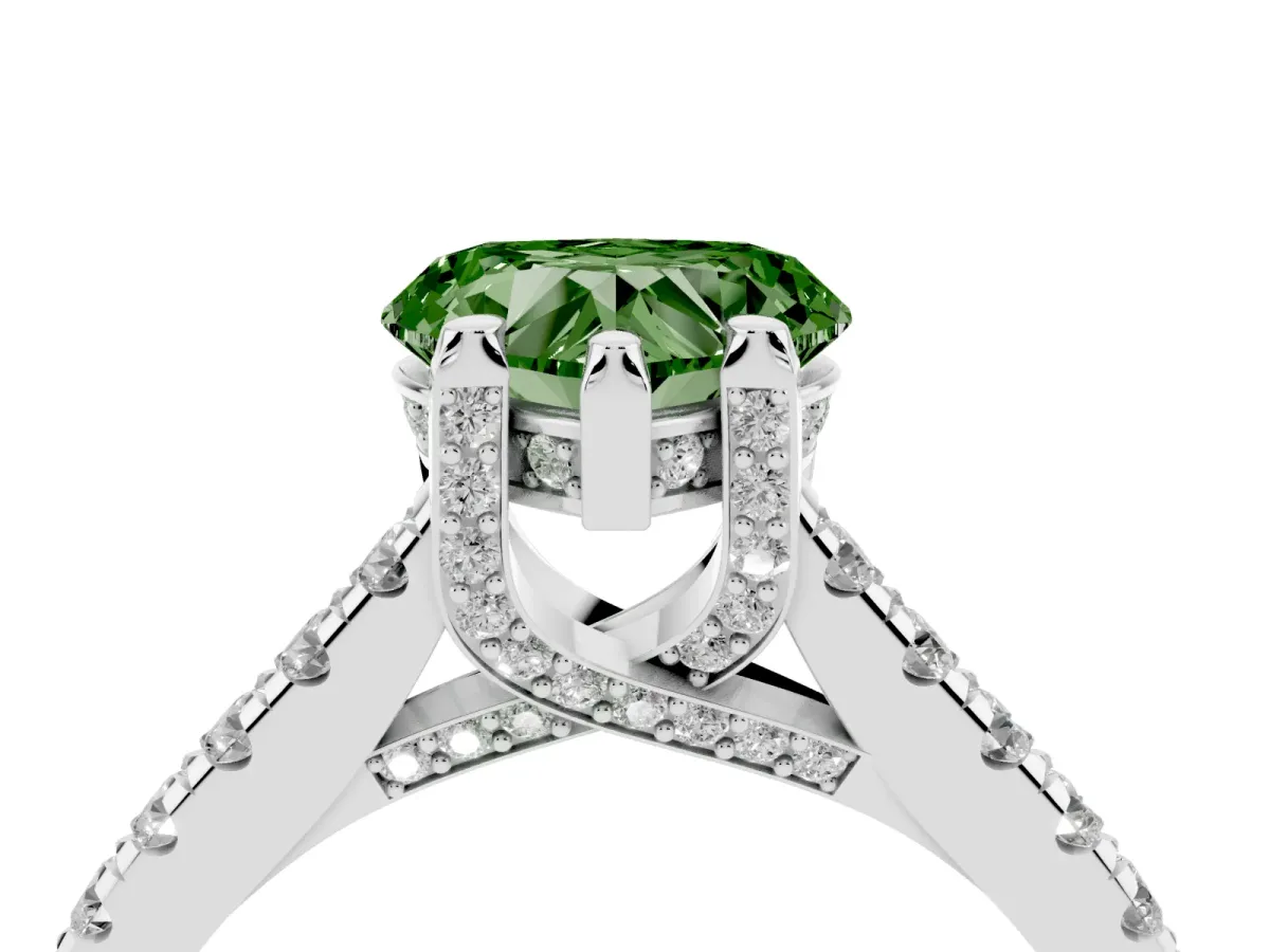 Fancy Green Heart Cut Brilliant Diamond Solitaire with Pavé Band and Four-Prong Setting White gold
