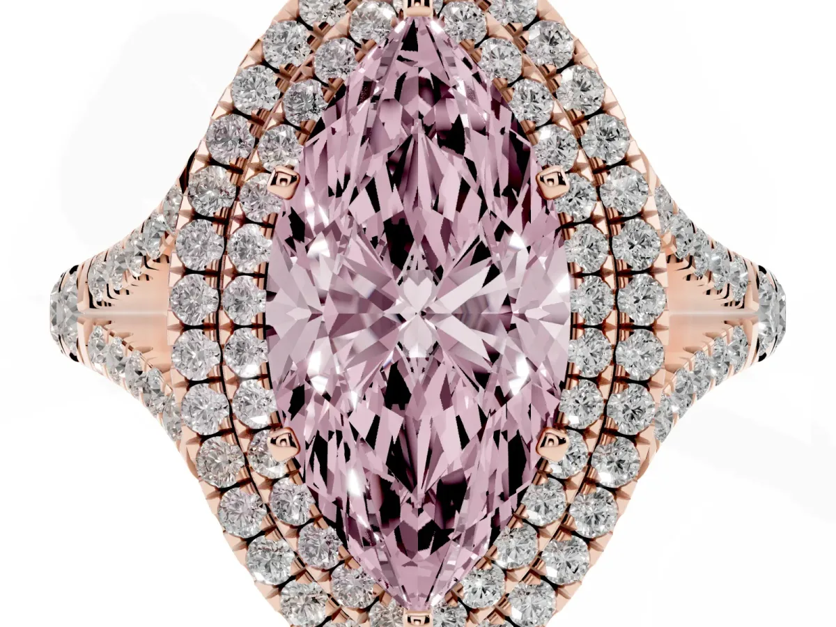 Fancy Pink Marquise Cut Cut Double Halo Split Shank Diamond Ring with Prong Setting Rose gold