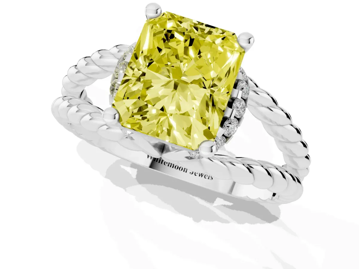 Fancy Yellow Radiant Cut Halo Twisted Band Four-Prong Ring Silver