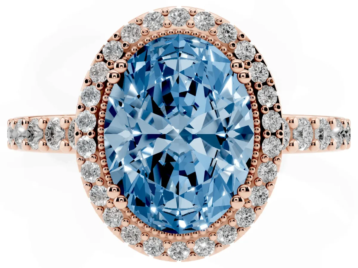 Fancy Blue Oval Cut Cut Diamond Halo Engagement Ring with Milgrain Detail and Pavé Band Rose gold