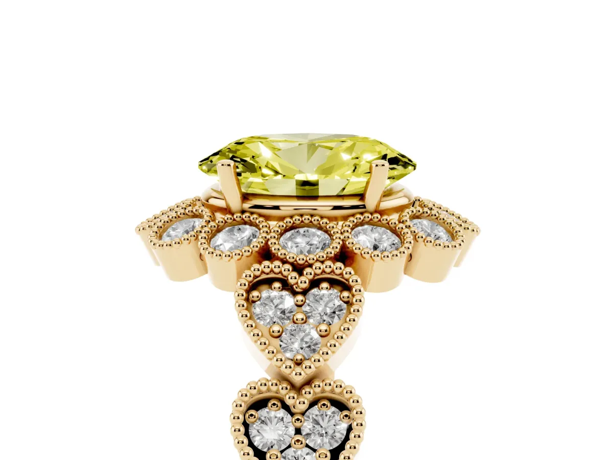 Fancy Yellow Oval Cut Brilliant Milgrain Pave Heart Band Solitaire Ring Yellow gold
