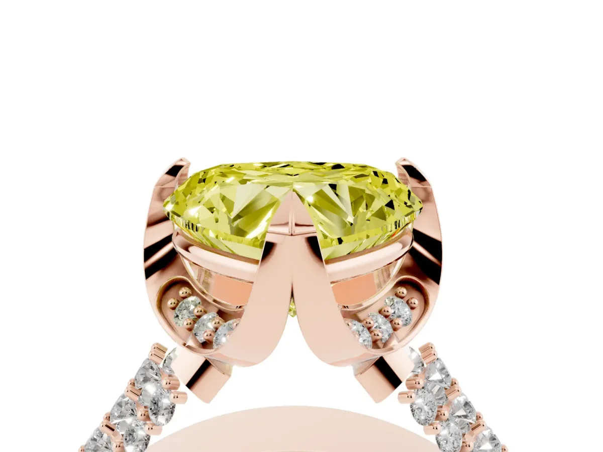 Fancy Yellow Heart Cut Solitaire Pave Split Shank Ring with Four-Prong Setting Rose gold