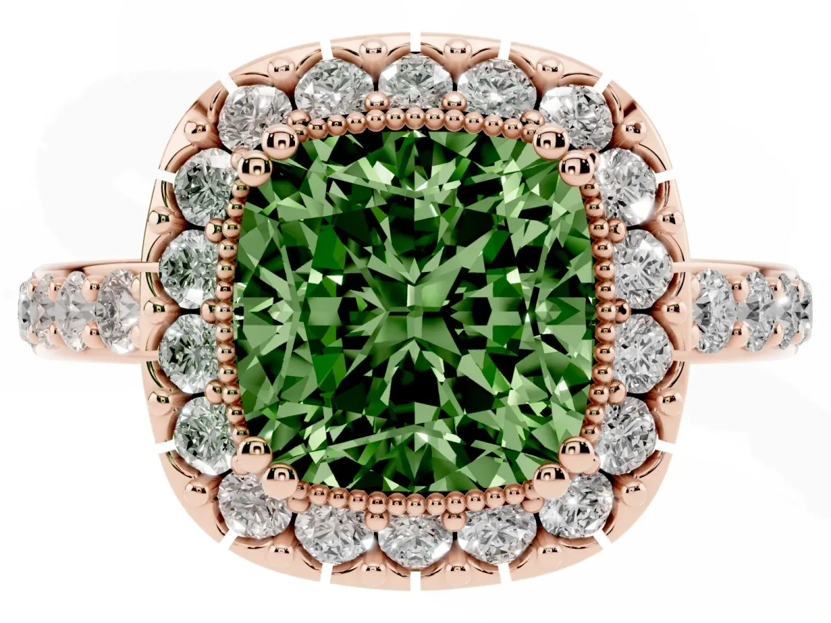 Fancy Green Cushion Cut Diamond Halo Ring with Pavé Band and Prong Setting Rose gold
