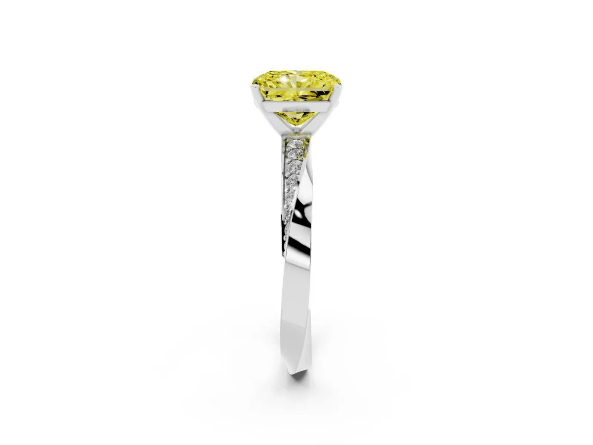 Fancy Yellow Radiant Cut Diamond Engagement Ring with Side Stone Accents and Four-Prong Setting Silver