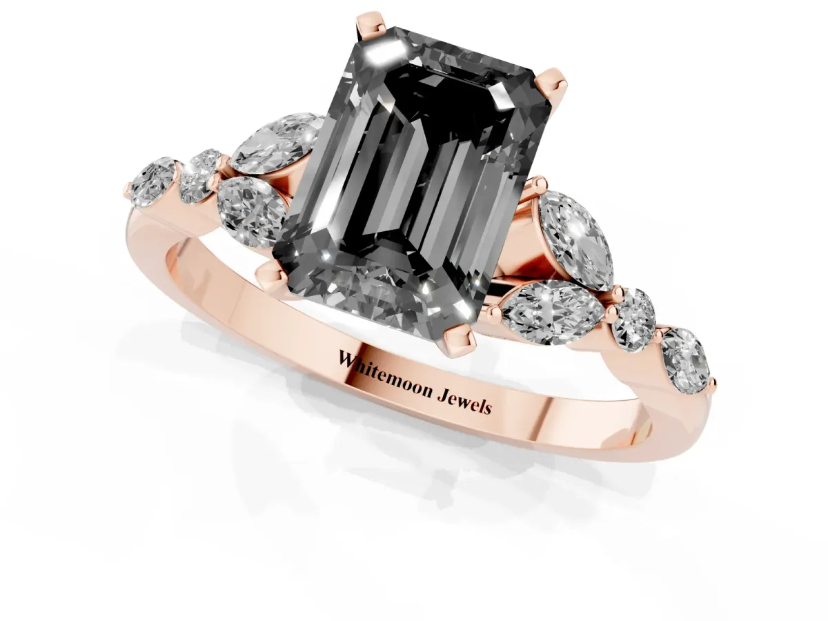 Fancy Black Emerald Cut Diamond Solitaire Ring with Side Stones and Four-Prong Setting Rose gold